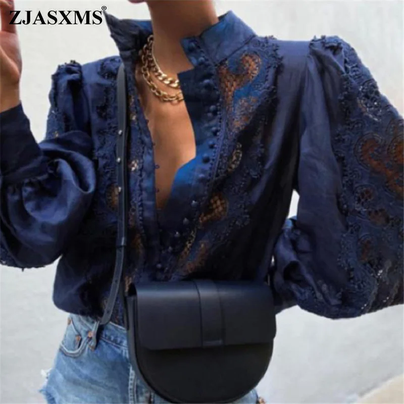 Sexy Embroidery Crochet Lace Blouse Shirts Women Elegant Stand Collar Button Top New Spring Autumn Long Sleeve Office Lady Blusa | Женская