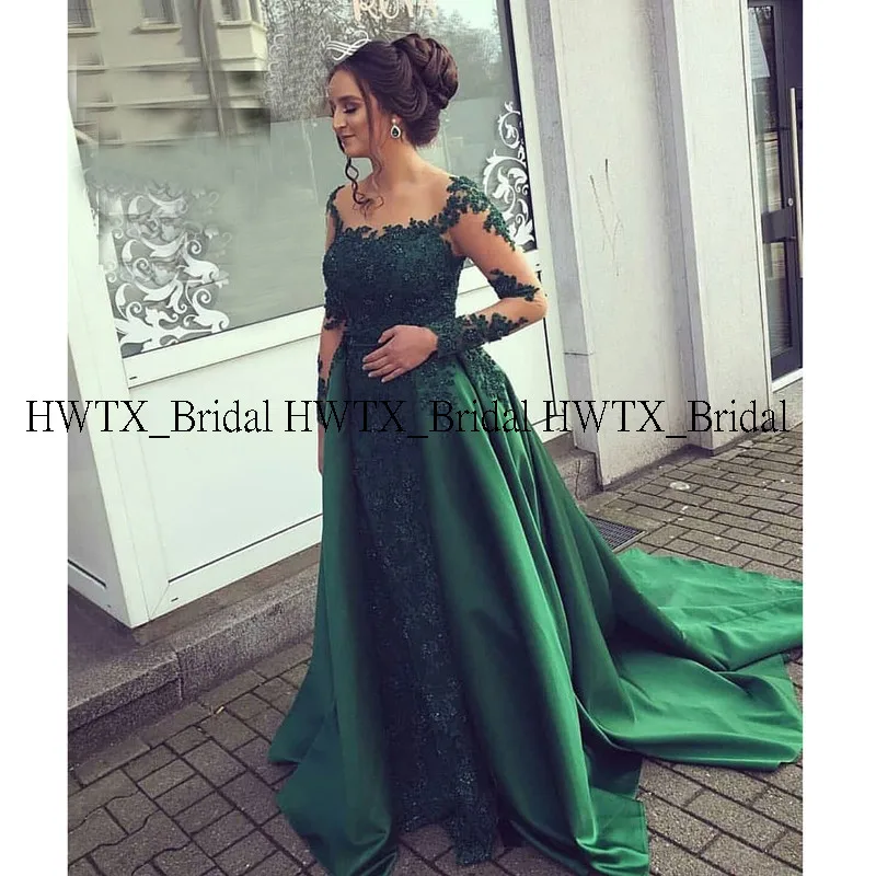 HWTX_Bridal Detachable Train Evening Dress Illusion Long Sleeves Lace Satin Arabic Dubai Prom Dresses Formal Gown Custom