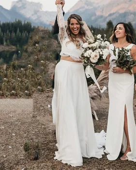 

Wedding Dress 2020 Boho Long Sleeve Soft Chiffon Lace Bridal Gowns Bohemian Two Pieces Beach Simple Sweep Train Floor Length