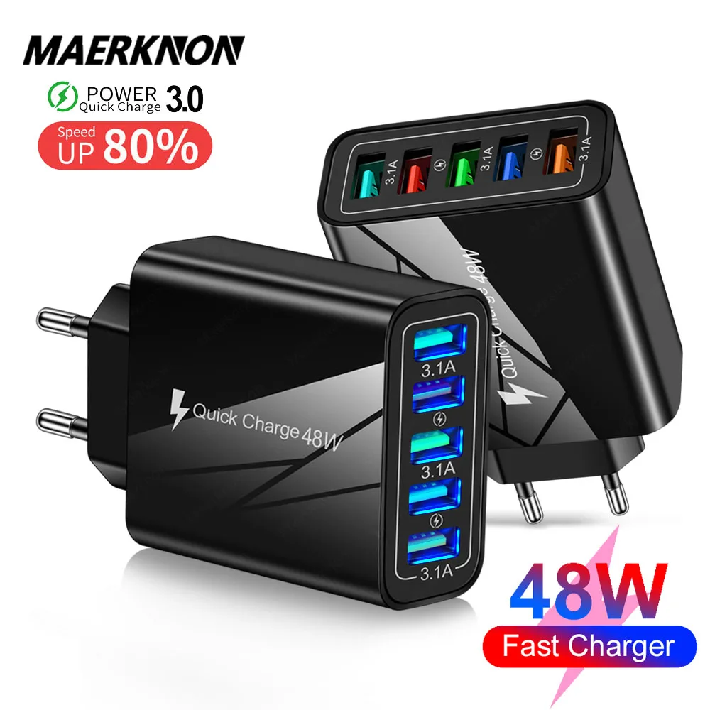48W 5 USB Charger Quickly Fast Charging Universal Wall QC3.0 Adapter for iPhone 12 Xiaomi HuaWei Mate 40 Samsung | Мобильные