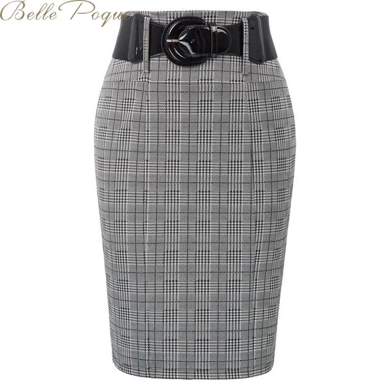 

Belle Poque Fashion Women Plaid Skirt Elegant Work Office Ladies Skirts Female Belt Retro Pencil Skirts 2019
