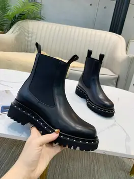 

Shoes For Women Luxury Designer Chelsea Boots Fashion V Brand Genuine Leather Platform Black Boots Quality Autumn Winter Shoes