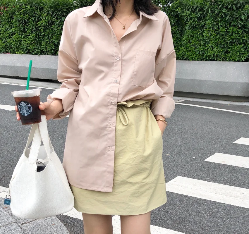 

Autumn Two Piece Set Long Sleeve Single Breasted Boyfriend Style Blouses and High Waist Drawstring Mini Skirt 2 Piece Set Suit
