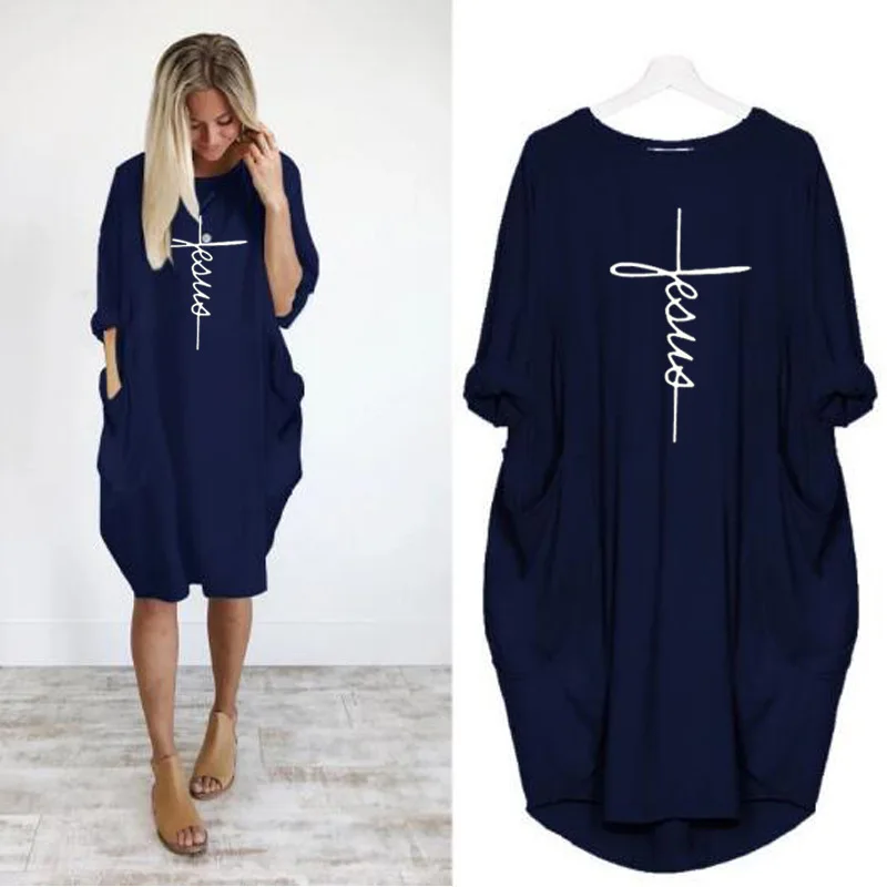Navyblue Женское Свободное платье с буквенным принтом Faith,, женское Ассиметричное платье с длинным рукавом, vestidos WDC3275 - Цвет: Navyblue