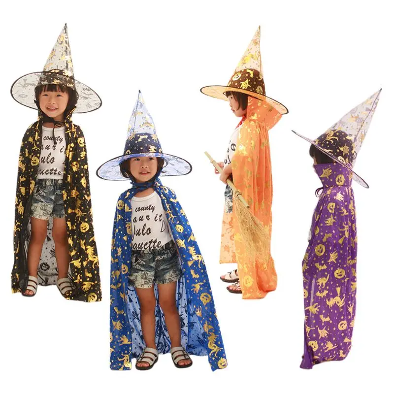 

Child Kids Halloween Witch Wizard Costume Cosplay Cape Pumpkin Bat Cat Bronzing Print Role Play Dress Up Cloak with Pointed Hat