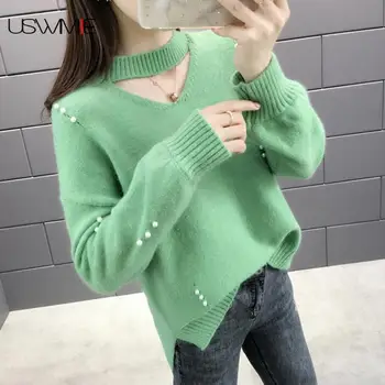 

2020 Winter Women Sweater Elegant Temperament Solid Color Beading Streetwear Long Sleeve Keep Warm Plus Size Knitted Sweater