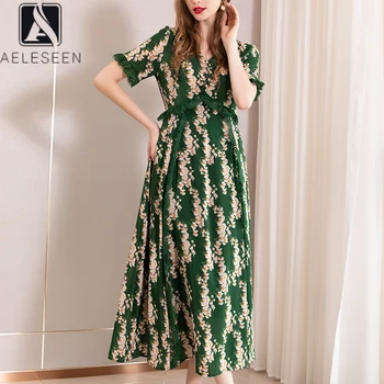 

AELESEEN Silk Green Dress 2020 Runway Fashion Spring Summer Dress Lace Patchwork Floral Print V-Neck Midi Elegant Party Dress