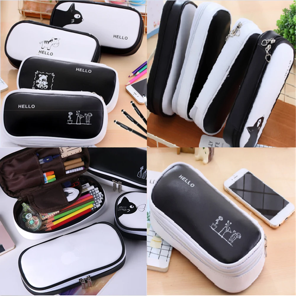 Cute Large Capacity Pen Pencil Case Pen Box School Stationery Cosmetic Bag Simple black and white pencil case multi-function pe