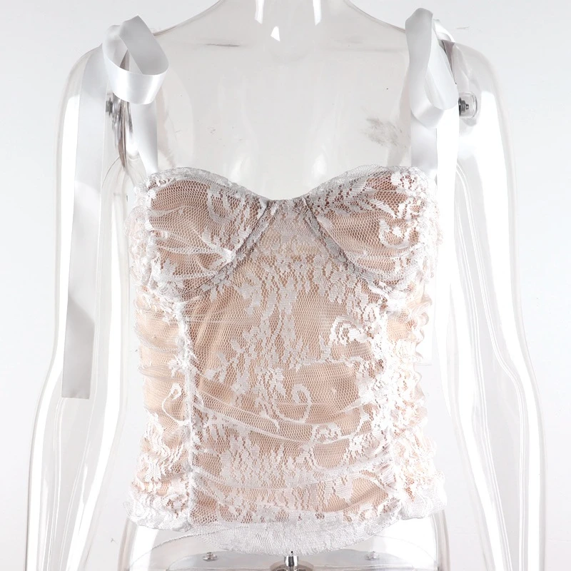 NewAsia Garden Lace Camisole Women Summer Sweet Bow Tie Up Strap Tops Sexy Corset-style Backless Ruched Mesh Cropped White