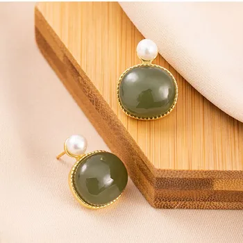 

BOCAI 2019 new 100% S925 pure silver jewelry inlaid with natural green stone female pearl fashion temperament woman's earrings