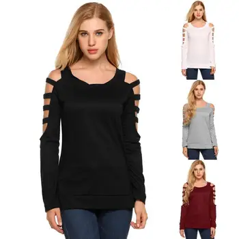 

Solid Color T-shirt Large Size Dress Hollow out Solid Color T-shirt Casual Crew Neck Long Sleeve Off-shoulder Tops