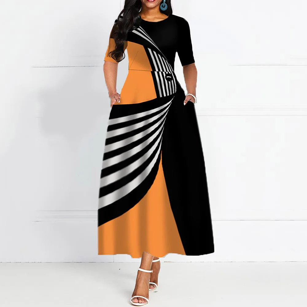 

Evening Long Party Dress Elegant Women Fall 2019 Patchwork Designer Stripe Pocket African Dresses Office Robe Vintage A Line XXL