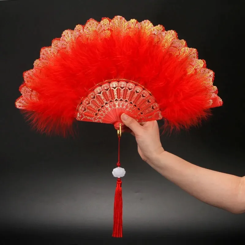 Folding Fan Lolita Feather Sweet Girl Dark Gothic Court Dance Hand Fan with Pendant Photography Props Wedding Party Decoration