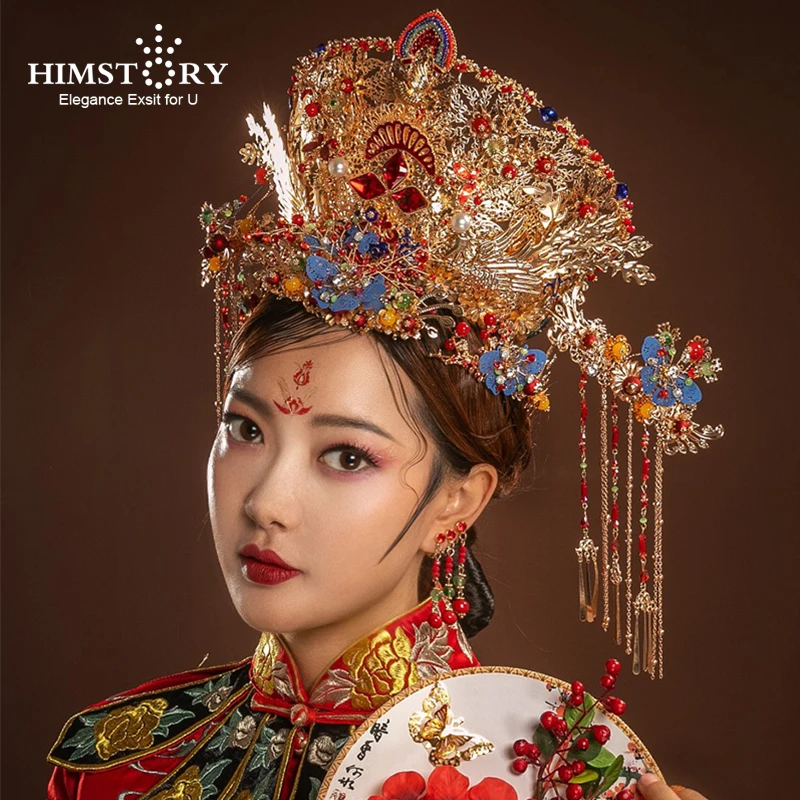 HIMSTORY Роскошный Ретро Китайский Феникс волос Корона Свадебная Hairwear винтажный