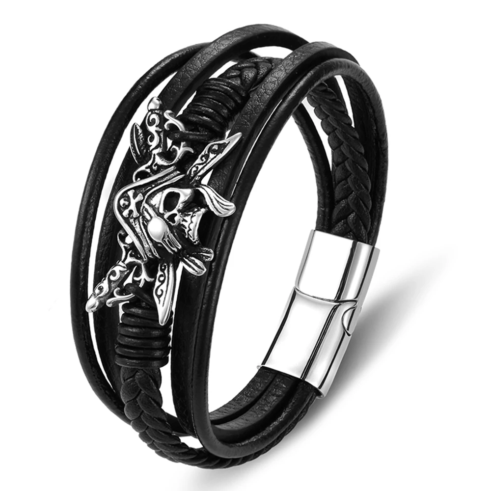 Charm Stainless Steel Jewelry Pirate Braided Black Handmade Genuine Leather Bracelets For Men Magnetic Rope Accessories
