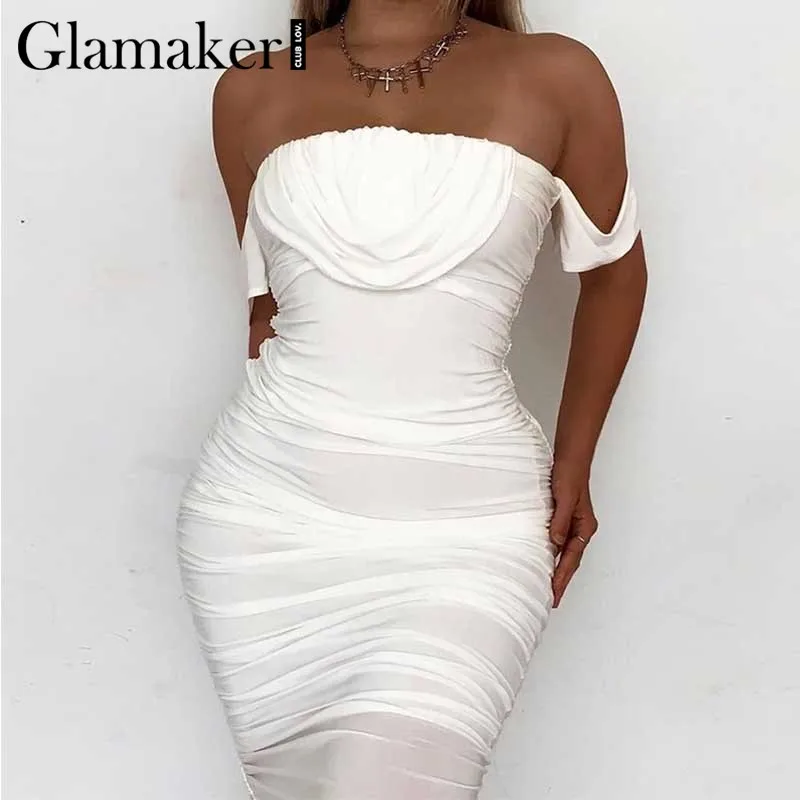 

Glamaker Off shoulder drape pleated white dress Women elegant party bodycon long dress Summer sexy black dress vestido de fiesta