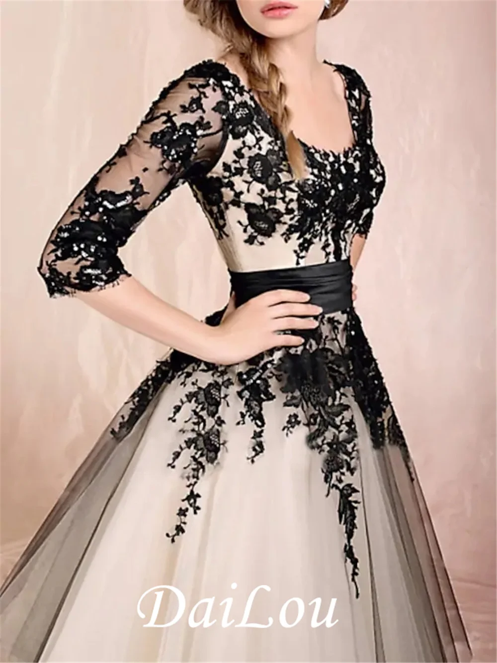 A-Line Elegant Vintage Engagement Prom Dress Scoop Neck Half Sleeve Ankle Length Lace Tulle Appliques