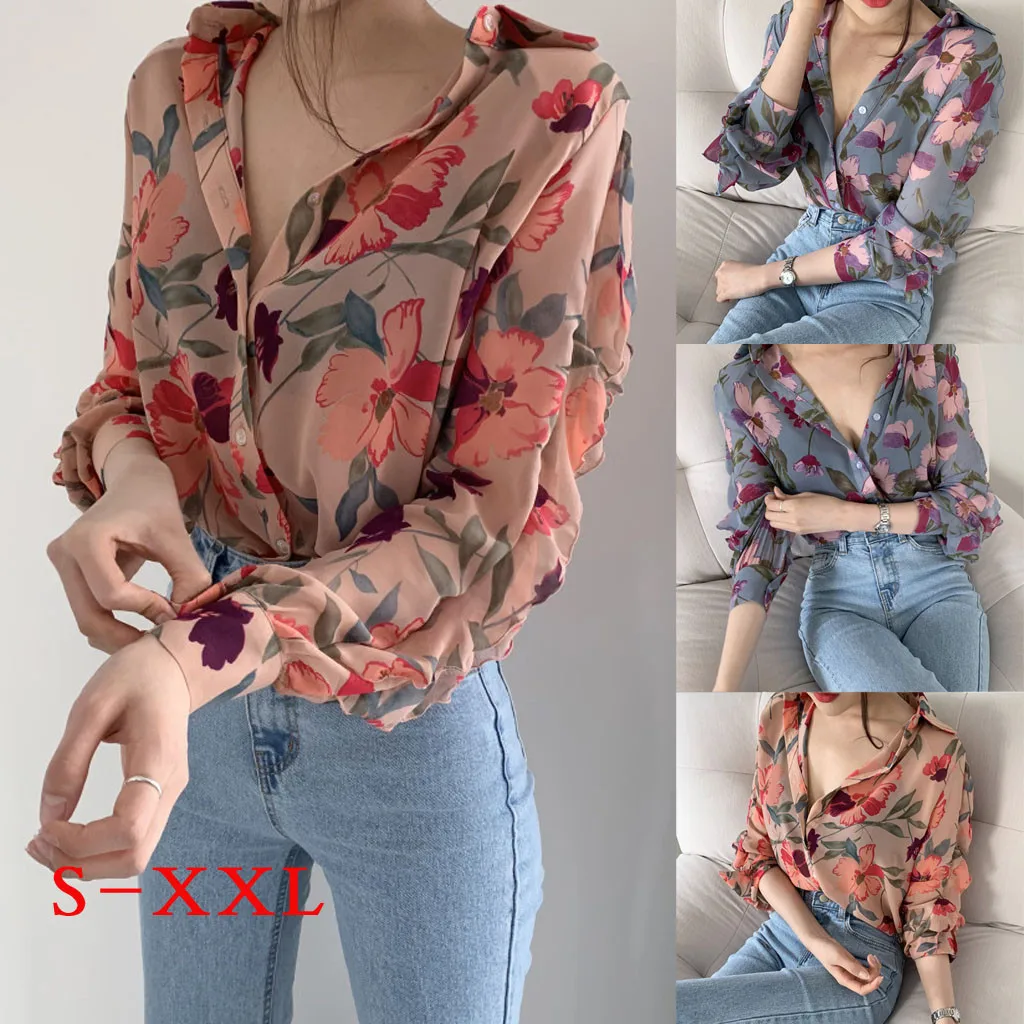 Fashion Ladies Blouses Women Chiffon Long Puff Sleeve Printed V-Neck Top Button Shirts ropa mujer рубашка женская#GH | Женская