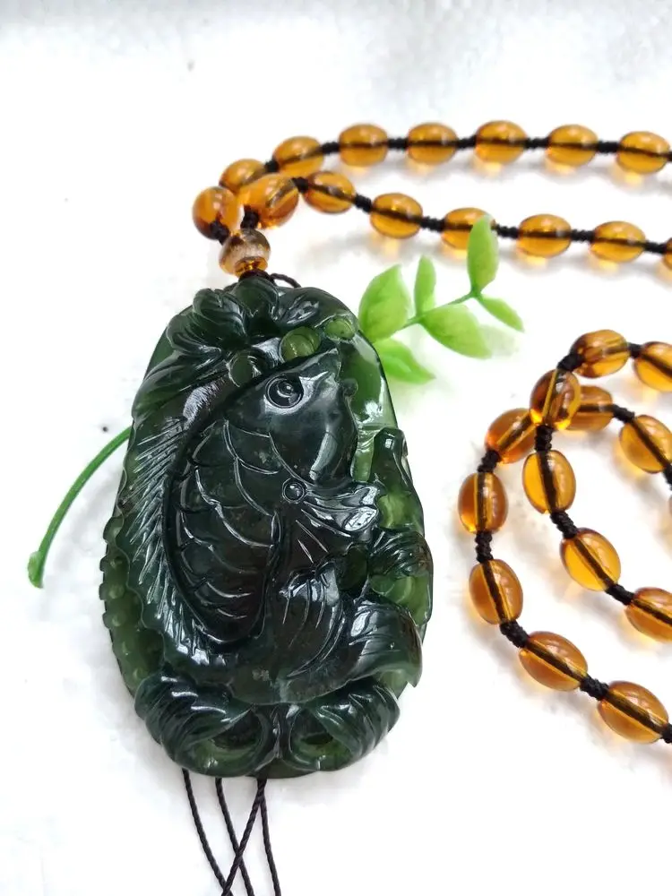 

Натуральный темно-зеленый нефритовый кулон Carven cyprinoid Amulet, подвесное Женское Ожерелье