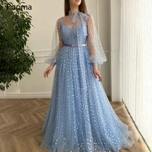 Booma 2021 Fairy Blue Prom Dresses Printed Hearts Tulle Long Prom Gowns with Sheer Puff Sleeves A-Line Wedding Party Dresses