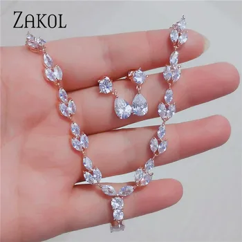 

ZAKOL Newest Fashion Sparking Brilliant Cubic Zircon Clear Necklace Earrings Wedding Bridal Jewelry Sets Accessories FSSP1004