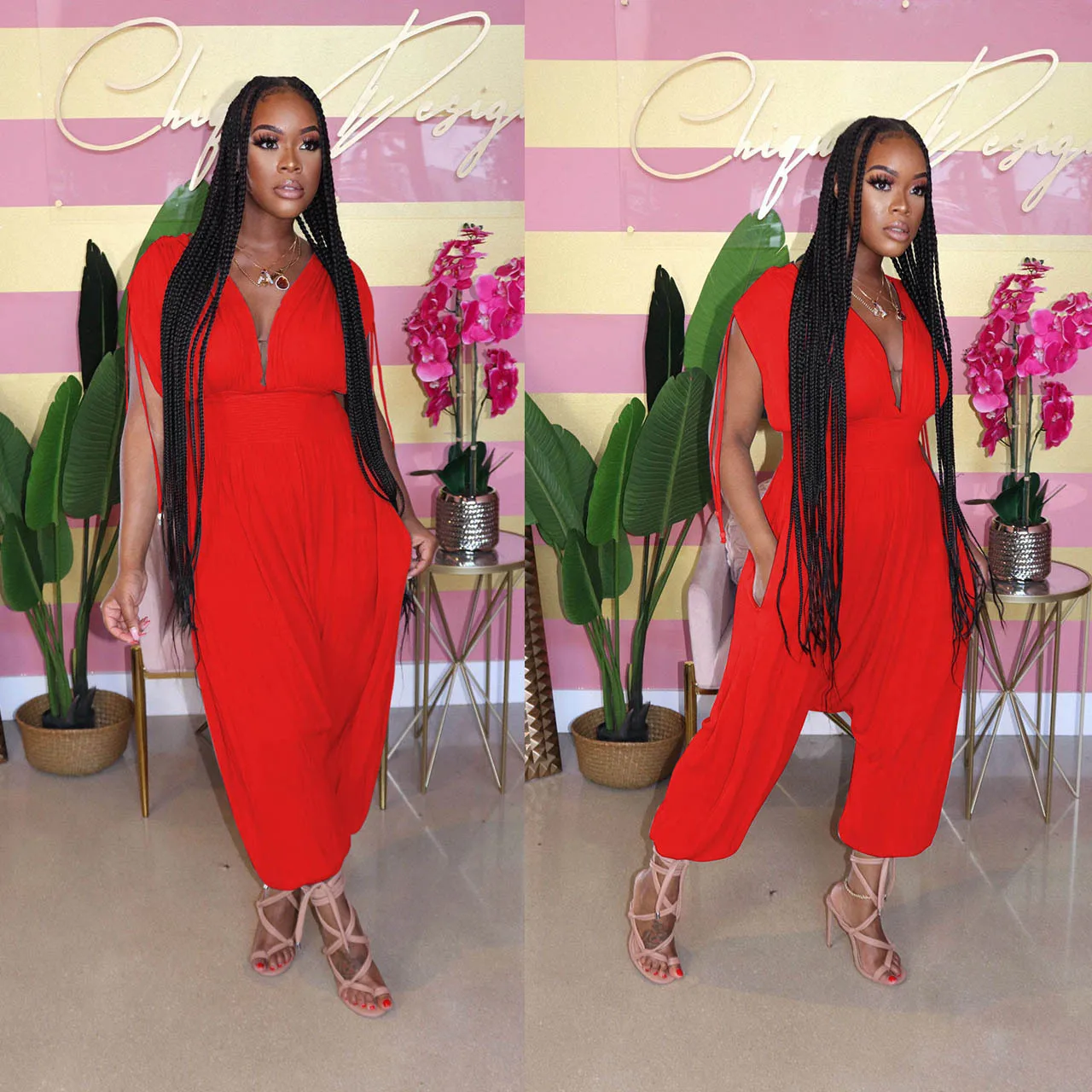 ChocoMist Jumpsuits Casual Solid  V-Neck Loose Jumpsuit M1111