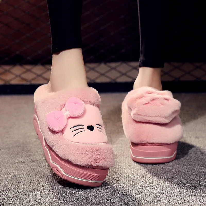 

Flock Slippers Fur Shoes Woman 2019 Med Luxury Slides Platform Women Heels Plush New House Designer High with fur Rubber Hoof