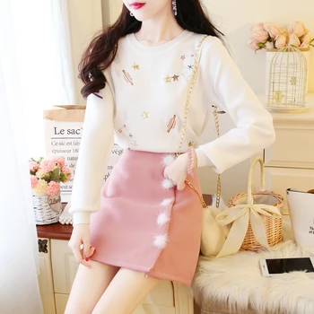 

Floral Knit Long Sleeve Fashion O-Neck Sweet Sweatshirts Tops+High Waist Mini Leather Skirts Women Autumn Winter 2 Pieces Sets