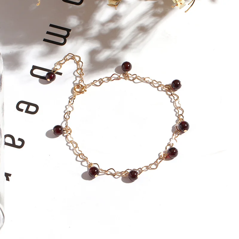 

Natural Wine Red Garnet Bracelets Women's Single Loop Gold Plated Copper Crystal Bracelets Korean-style Jewelry
