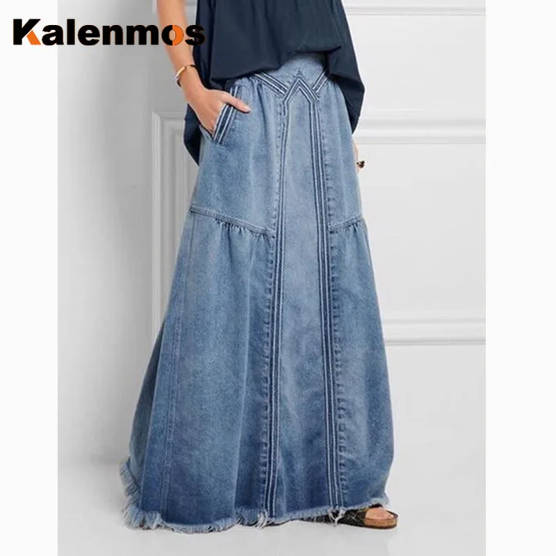 KALENMOS Denim Jeans Women Long Skirt Stretch Vintage Loose Slim Fit Blue Club Streetwear Cotton Sexy Harajuku Skirts Plus Size KALENMOS Denim Jeans Women Long Skirt Stretch Vintage Loose Slim Fit Blue Club Streetwear Cotton Sexy Harajuku Skirts Plus Size