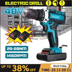 48v 3 em 1 furadeira sem fio chave de fenda elétrica de velocidade dupla 18 + 2 torque power driver com 1/2pcs bateria de lítio íon recarregável