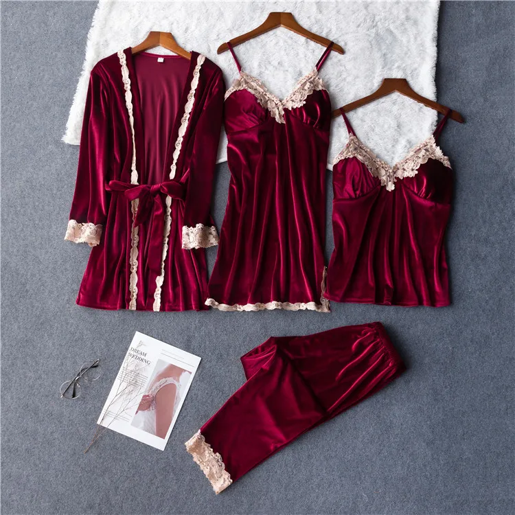 4 Cami& Pants& Robe, одежда для сна, Осенний теплый пижамный комплект, женская домашняя одежда, бархатное интимное белье, Повседневная Пижама, ночное белье, 4 шт - Цвет: 4