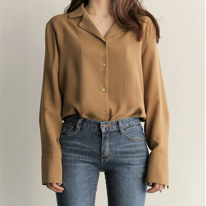 

2019 Summer Fall Femme Korea Preppy Casual Button Office Blouse Sweet Simple Turn Down Collar Long Sleeve Women Shirt