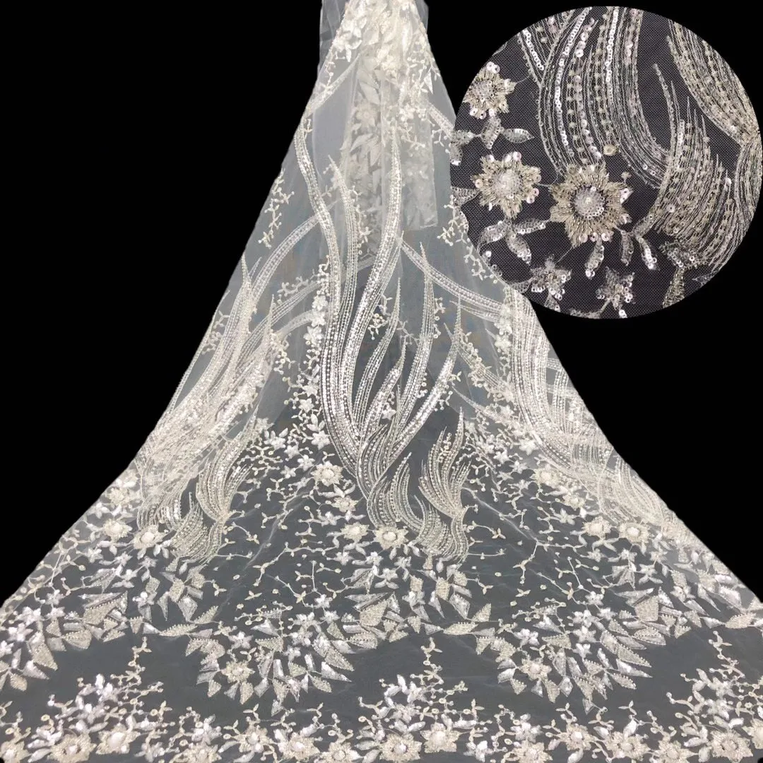 

Popular White bead embroidery lace.Wedding dress design sequined French tulle lace fabric For evening dresses long dres