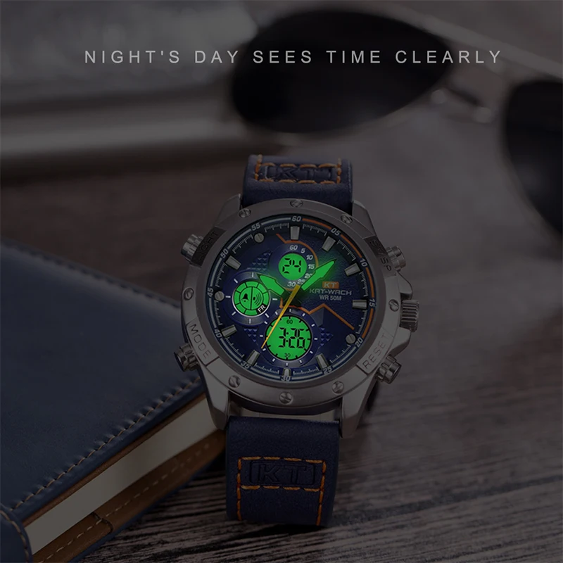 KT Luxury Brand Quartz Movement Men Watch Waterproof Multifunction Military Large Dial Wristwatch PU Leather Strap Fashion Gift