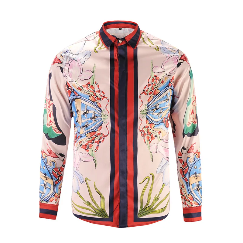 

2019 Mens Vintage Dress Shirts Long Sleeve European Version Court Digital Printing Pink Shirt Tide Streetwear Camiseta Masculina