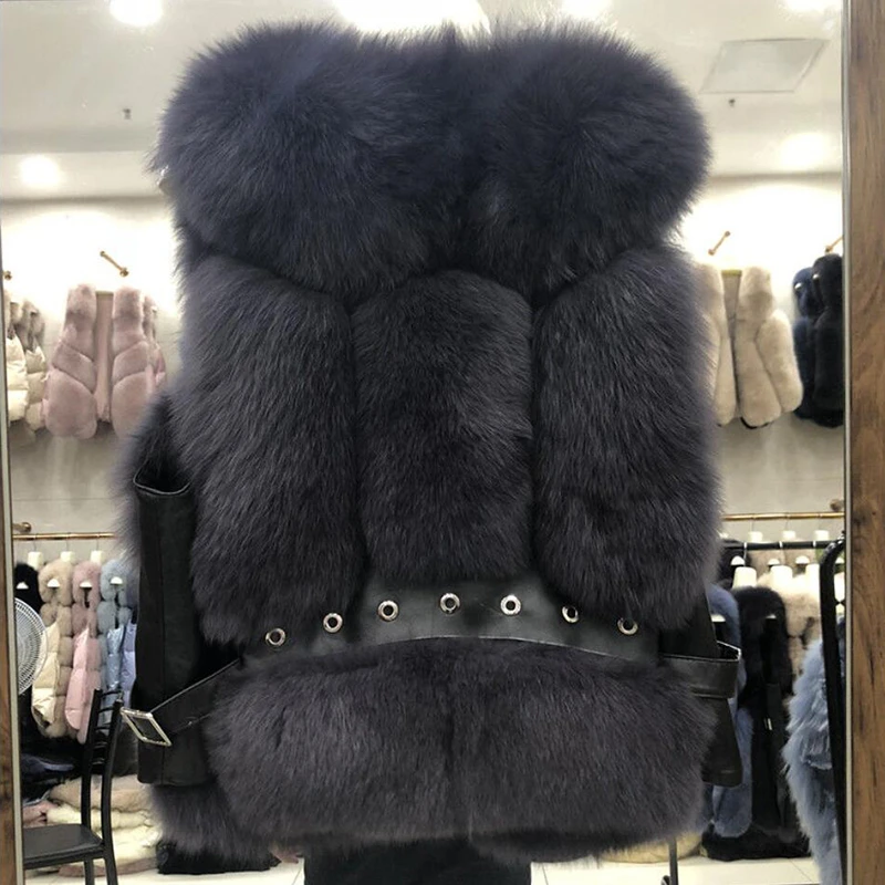 Женские зимние пальто жилетки из натурального Лисьего меха модные короткие меховые жилеты с кожаными заклепками женская натуральная меховая жилетка куртка N131