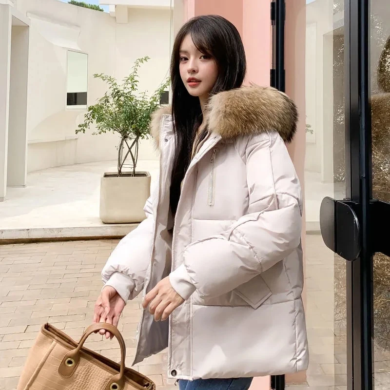 

Winter Women Cotton-padded Jacket Hooded Down Cotton Parka Women Hooded Down Parka Female Big Fur Collar Loose Korean Coat