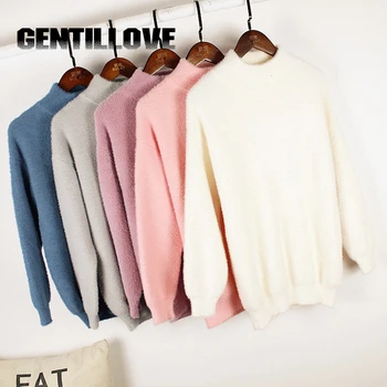 

Women Long Sleeve Knitted Turtleneck Loose Plush Teddy Sweater Elegant Pink Flannel Jumper Winter Fashion Warm Velvet Tops 2019