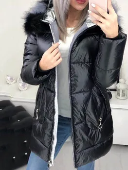 

Bright Black Padded Down Jacket Women Fleece Fur Hood Winter Coat Warmness Plus Size Overcoat Cotton Parka Basic Jackets Outwear