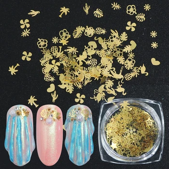 

120pcs Gold Sequins for Nail Hollow Metal Flakes 3D Flamingo Shells Jewelry Starry Moon Slices Strass Nail Art Decorations LY970