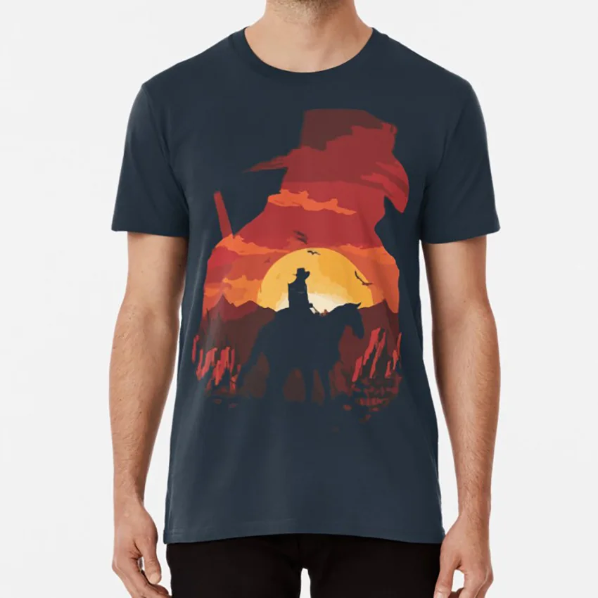 redemption cowboy silhouette T shirt red moon cowboys dead 2 arthur morgan wild west western sunset | Мужская одежда