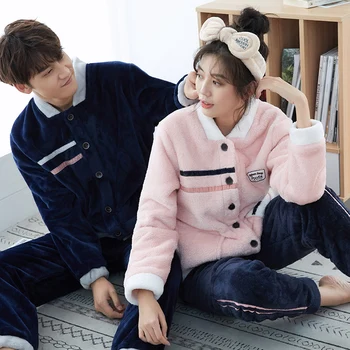

Couple Winter Coral Fleece Kimono Robe Navy Blue Pajamas Suit Nightwear Flannel 2PCS Sleep Set Casual Homewear Intimate Lingerie