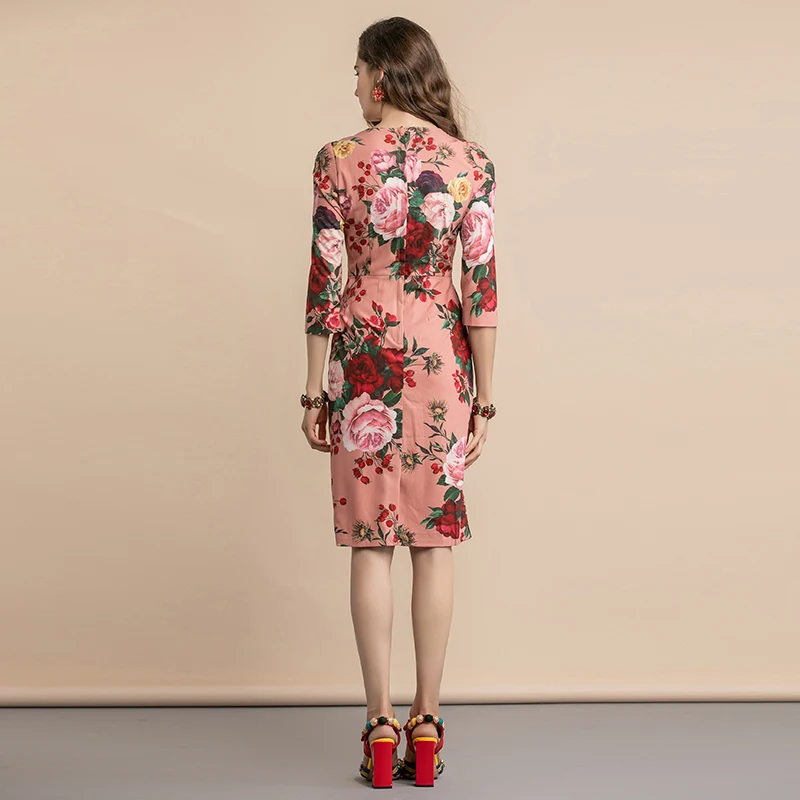 LD LINDA делла модное подиумное летнее женское платье с 3/4 рукавом, Осеннее винтажное элегантное розовое приталенное платье-карандаш миди с цветочным принтом