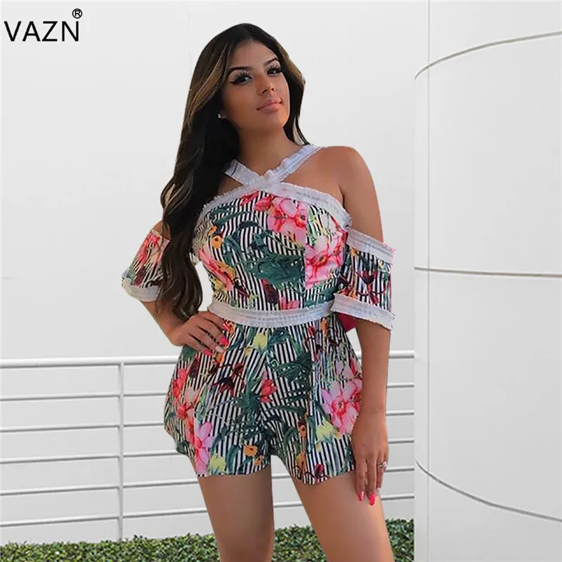 VAZN NK003 свежий цветочный принт сексуальная незаметная Мода молодой Холтер крест-накрест кофта с открытыми плечами женские облегающие комбинезоны