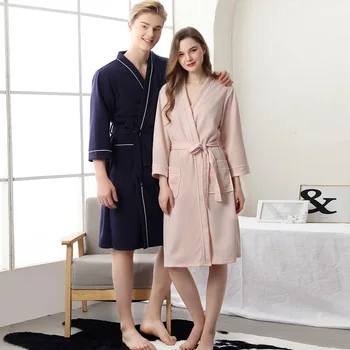 

Casual Lovers Winter Homewear Waffle Cotton Kimono Robe Gown Sleepwear Nightgown Nightwear Loose Couple Warm Bathrobe Nightdress