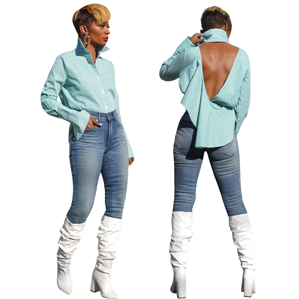 

Single Breasted Sexy Open Back Shirts Lady Turn Down Collar Full Sleeve Striped Blouse Spring Fashion Irregular Tops L5350