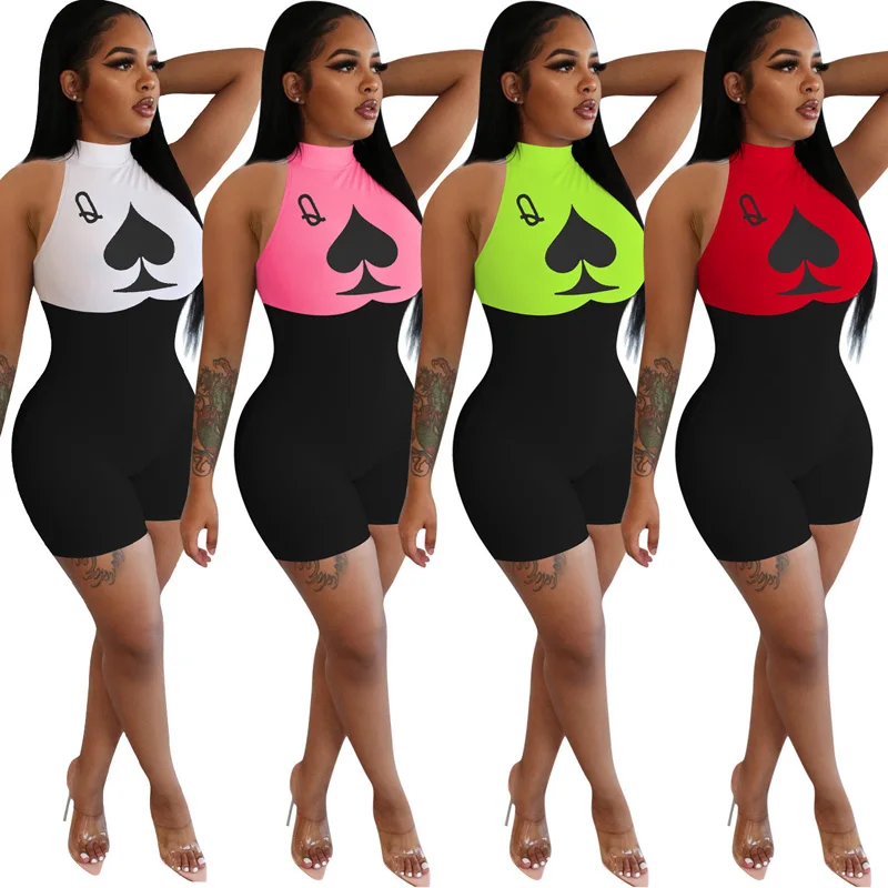 De moda Sexy de cintura alta corto mamelucos monos de verano para mujer trajes de las mujeres Poker Q de impresión sin mangas Bodycon mameluco