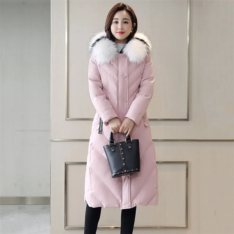 

Large Size Pink Parkas Medium Long Down Cotton Jacket Women 2019 Winter New Fashion Large Fur Collar Hooded Cotton Coats TTT197