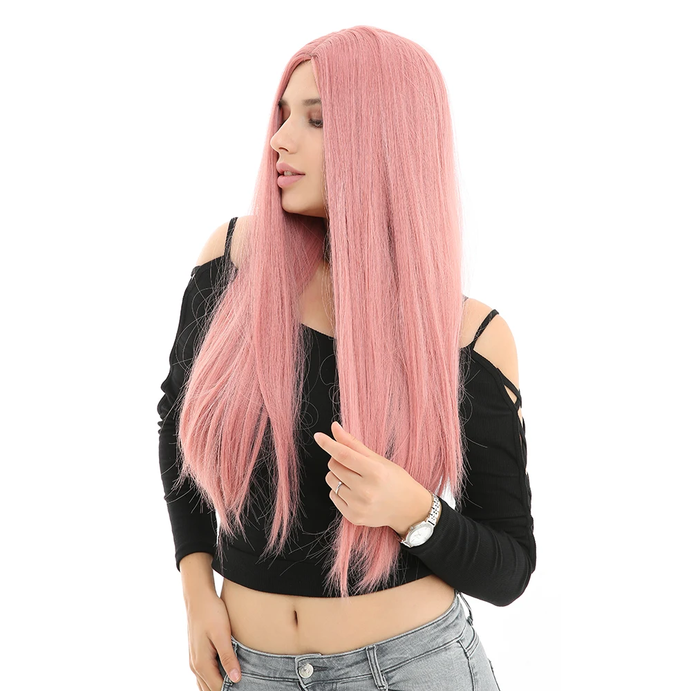 WHIMSICAL W 26 inch Long Straight Pink Color Wigs Natural Middle Part Heat Resistant Hair Synthetic Wig for Women